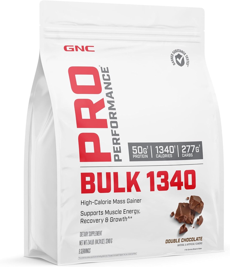 GNC Pro Performance Bulk 1340 Mass Gainer Proteine Powder, 50g, Glutenvrij, Wei, Creatine, BCAA, 3rd Party Tested, Muscle Recovery & Growth, Micronutriënten, Double Chocolate, 9 porties