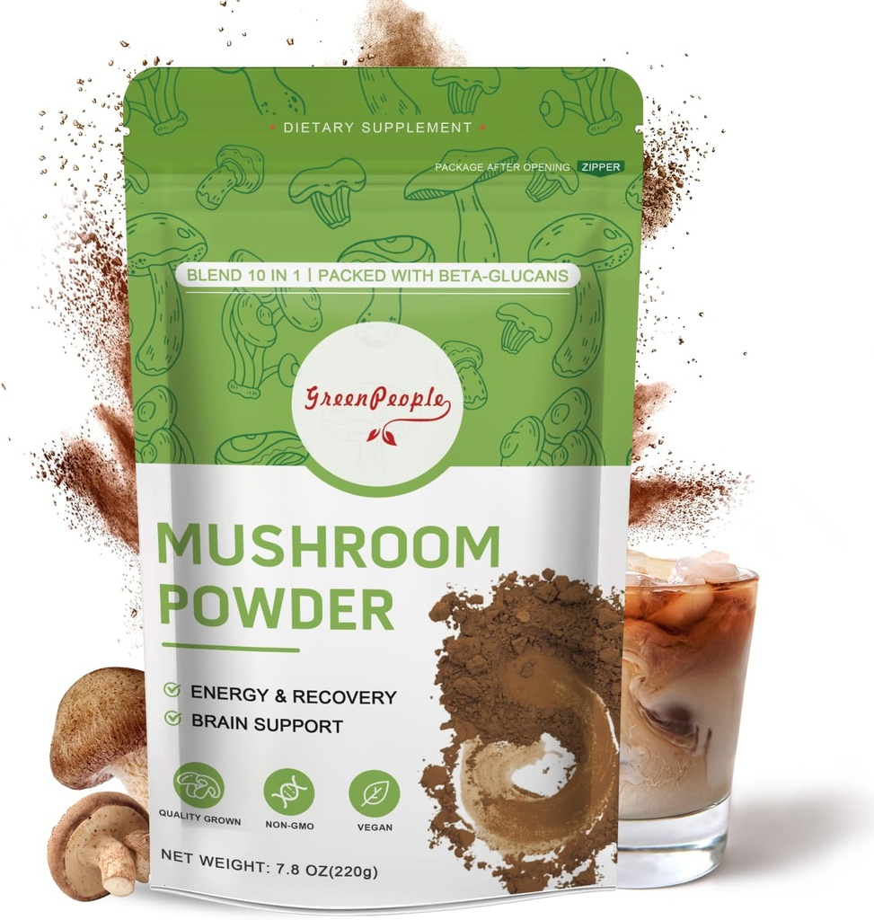 GROENPEOPLE paddopoeder paddosupplement - 10-in-1 paddo's Lions Mane poeder met Reishi/Cordyceps/Chaga/Turkije staart/Maitake/complex voor cognitieve functie & Immune Support 78 porties