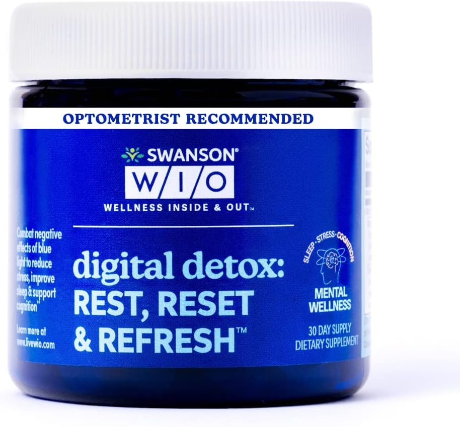Swanson WIO Digital Detox: Rust, Reset & Refresh Slaap Beter, Blauw Licht Verdediging, Wellness, Minder Stress, Lutein, Zeaxanthine, Lutemax - 4 oz Fles met 30 Softgels (30-Day Supply)