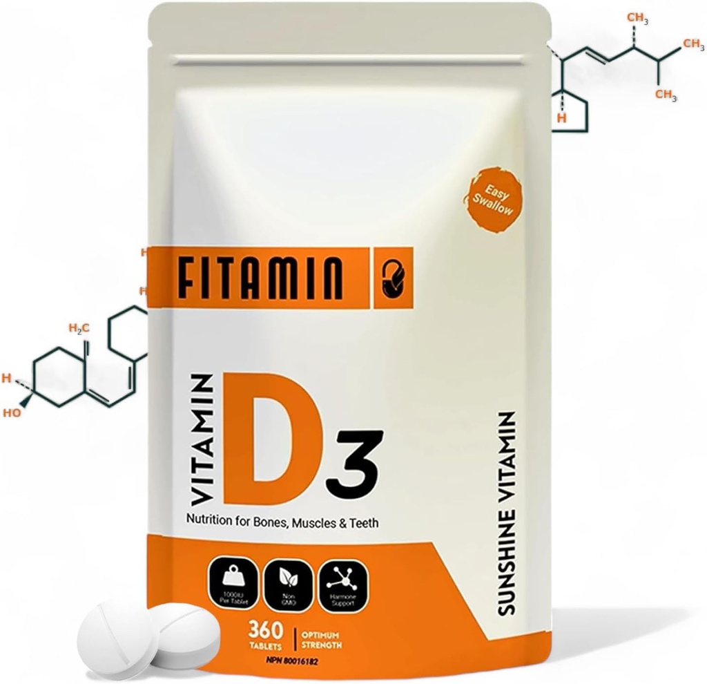 Vitamine D3 1000iu - 360 Makkelijk- Slik tabletten voor sterke botten, gezonde tanden, immuunsysteem ondersteuning en spierfunctie - natuurlijke vitamine D supplement - 1 jaar aanbod voor mannen, vrouwen en ouderen