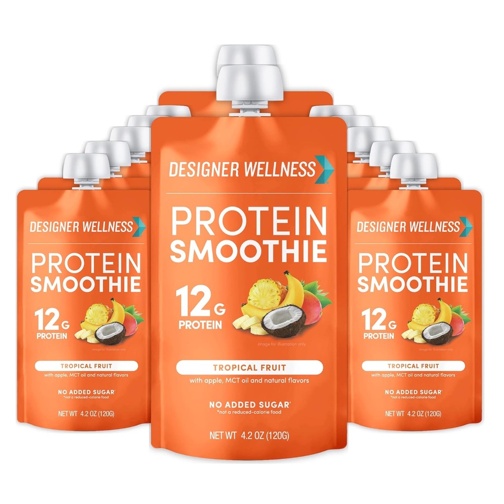 Designer Wellness Proteïne Smoothie, Real Fruit, 12g Proteïne, Low Carb, Zero Added Sugar, Glutenvrij, Non-GMO, Geen kunstmatige kleuren of smaken, Tropisch, 12 Tellen