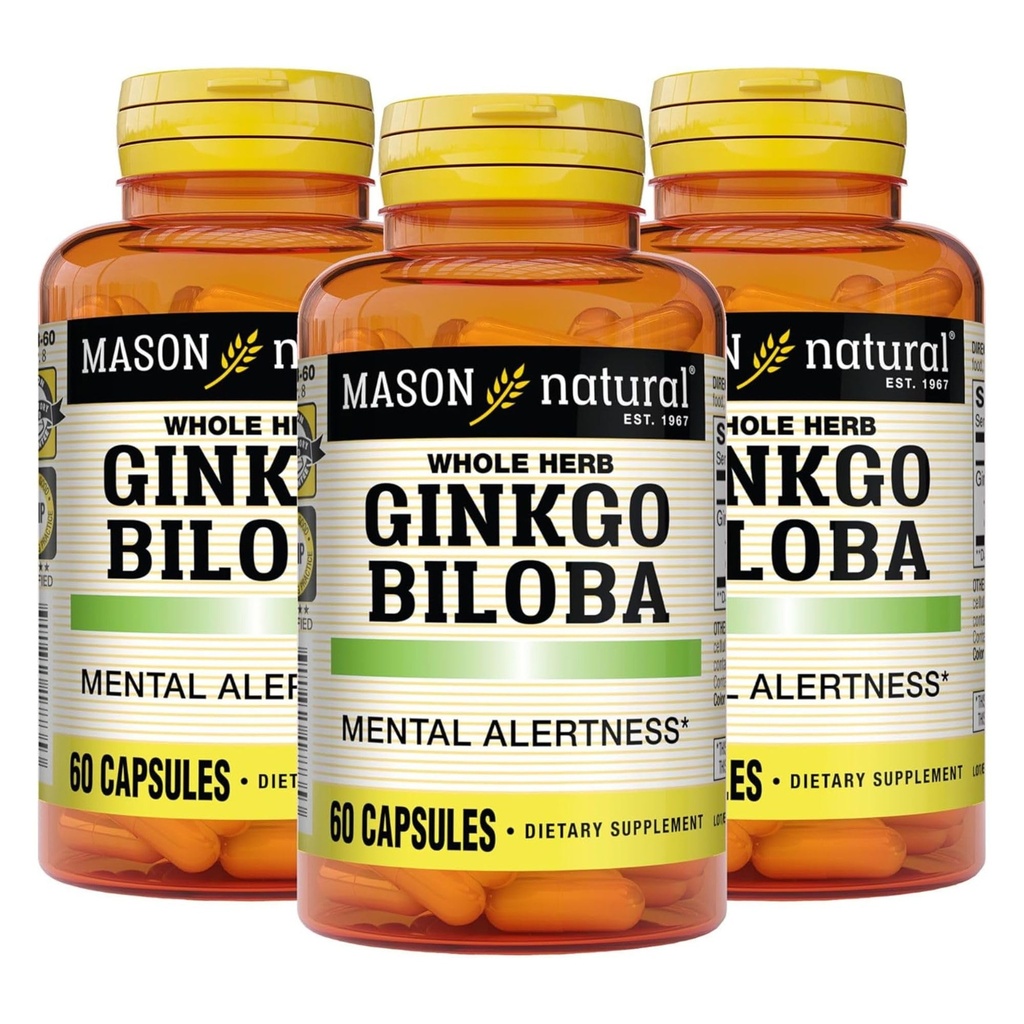 MASON NATUURLIJKE Ginkgo Biloba, 3 maanden levering, helpt bij het verbeteren van de geestelijke alertheid en ondersteuning Optimale hersenfunctie, 60 capsules (3 verpakkingen)
