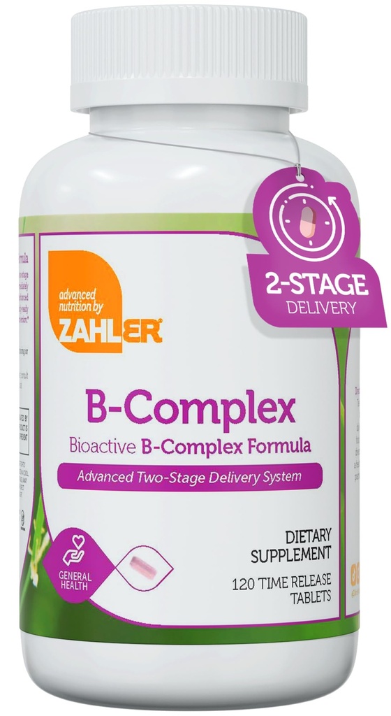 Zahler B-complex Vitaminen voor vrouwen en mannen - Vitamine B-complex - B-vitaminencomplex met B1 B2 B3 B5 B6 B7 B9 B12 - Geavanceerd systeem voor 2 fasen levering - Glutenvrij Kosjer Non-GMO VIT B (120 tabletten)