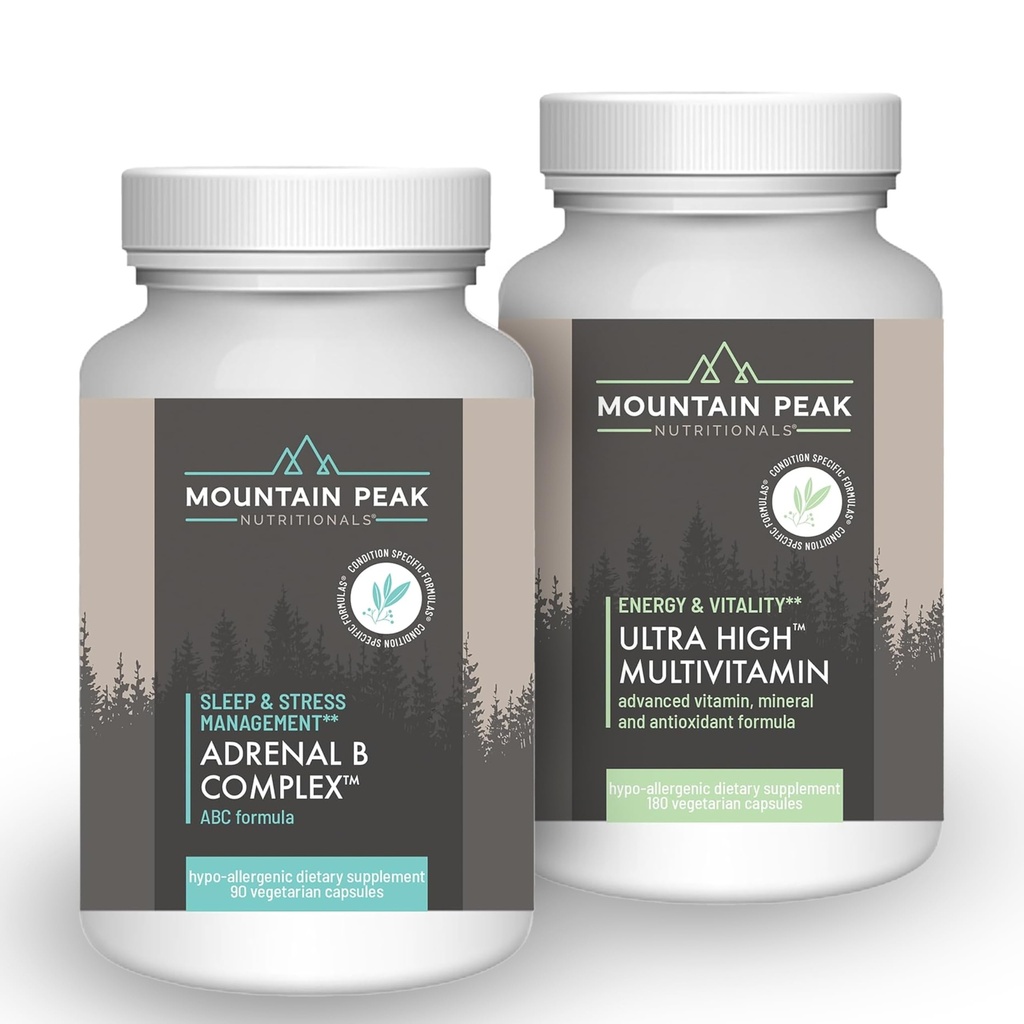 Mountain Peak Nutritionals Adrenal B Complex & Ultra High Multivitamine Combo Pack - Vitamine, Multi-Mineral, & Adaptogen Support - B Vitaminen, Probiotica, & Essentiële Nutriënten - 90 & 180 Vegetarische Ca