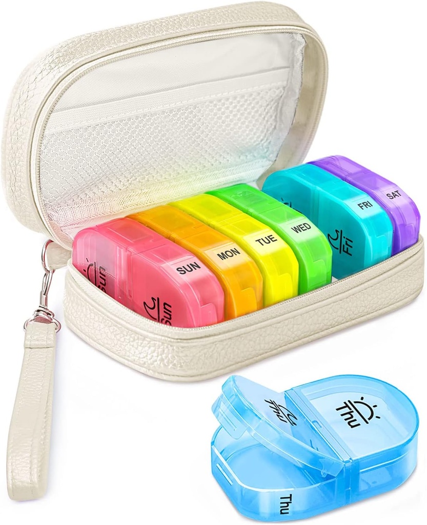 Leuke pil Organizer 2 keer per dag, PU lederen pil geval voor vrouwen, draagbare wekelijkse pil Box voor tas met opslagzak om vitamines te houden, medicijnen, visolie, supplementen (Beige)