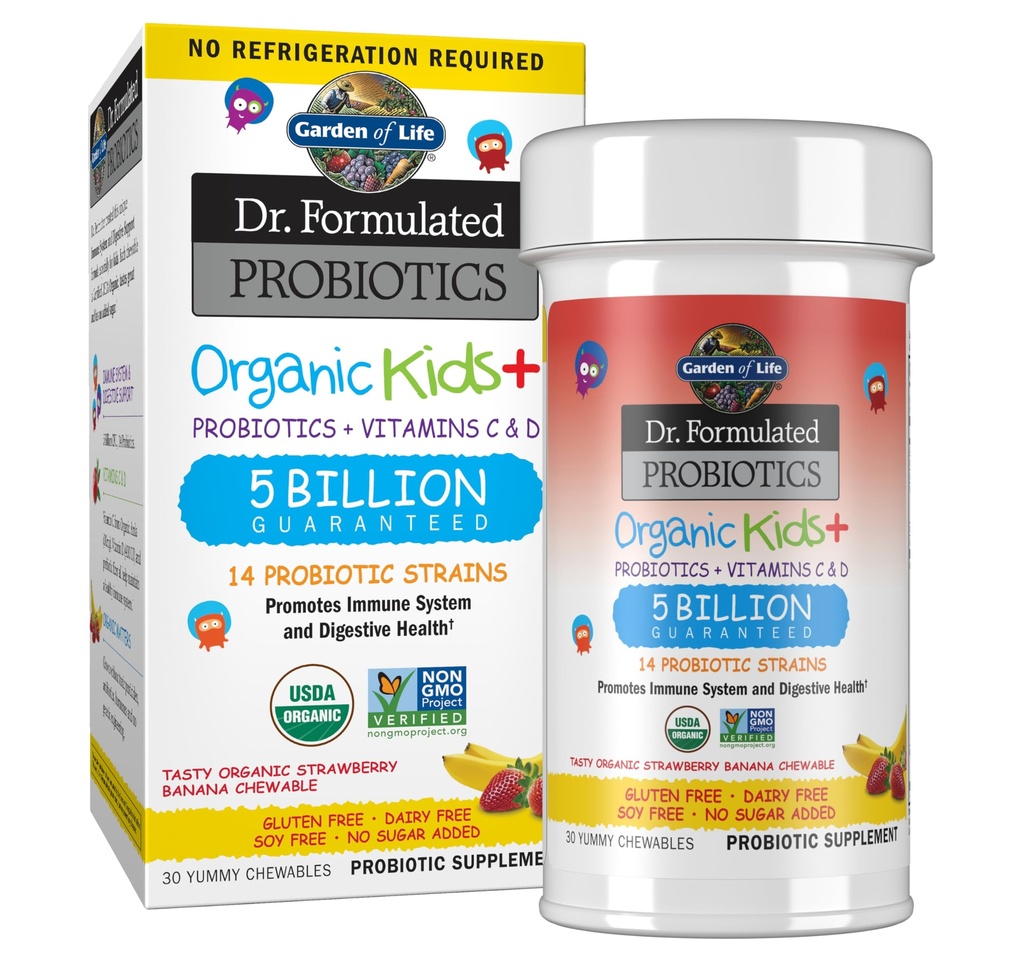 Garden of Life Kids Probiotica, Dr. Formulated Probiotics Biologische Kids+ Vitamine C & D, Aardbei Banana, Gluten Dairy & Soy Free Immune & Digestief Health Supplement, 30 Kauwtabletten (Shelf Stable)
