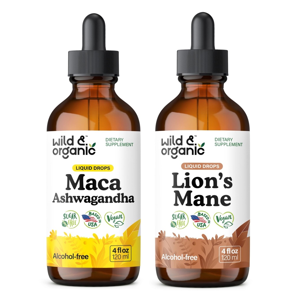 Wild & Organic Maca Ashwagandha Tinctuur 4 fl oz & Lion's Mane Tinctuur 4 fl oz