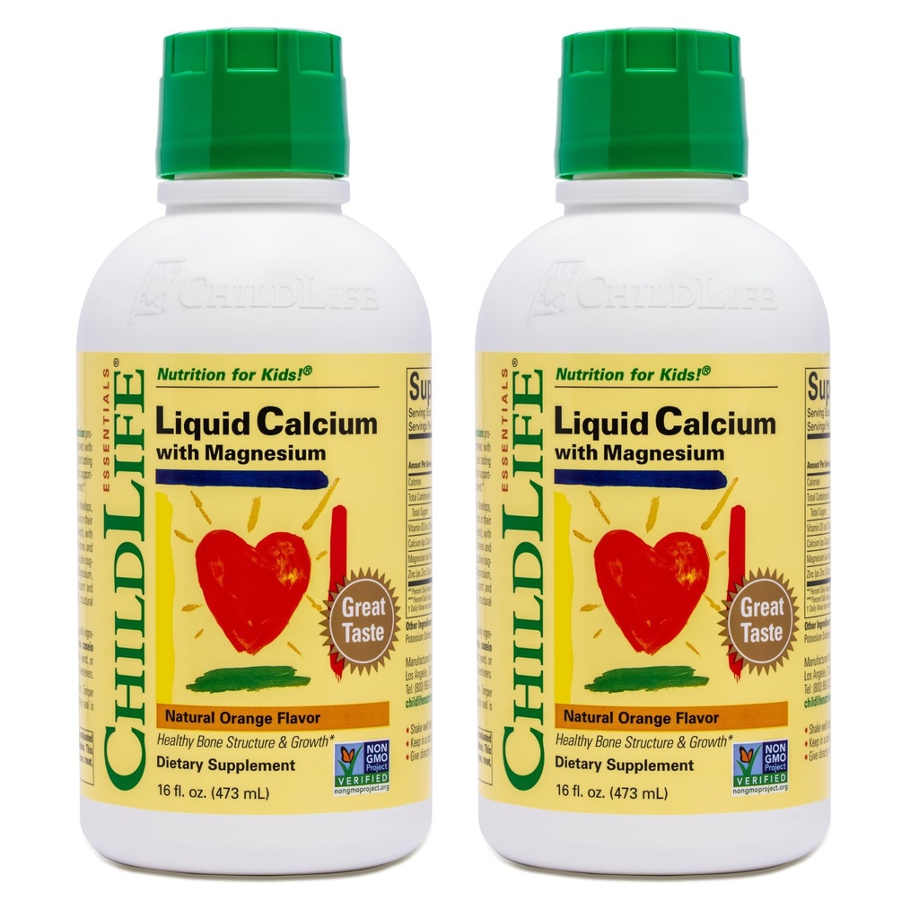 ChildLife Essentials Liquid Calcium Supplement for Kids - Baby & Toddler Calcium with Magnesium, Zinc, and Vitamin D 3 - Orange Flavor, 16 fl oz (2 Pack)