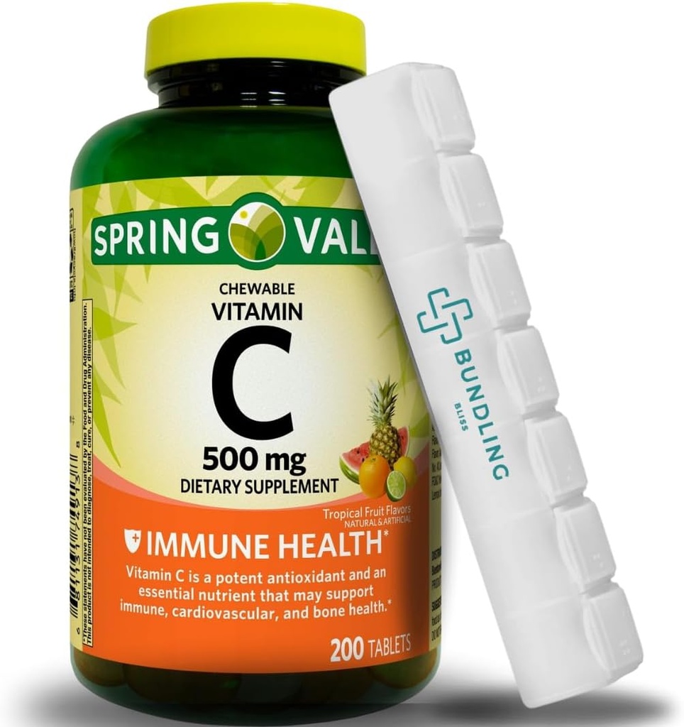Vitamine C 500mg, Kauwtabletten, Dieetsupplement, 200 Telling (inclusief Bonus Pill Organizer) - 1 Pack
