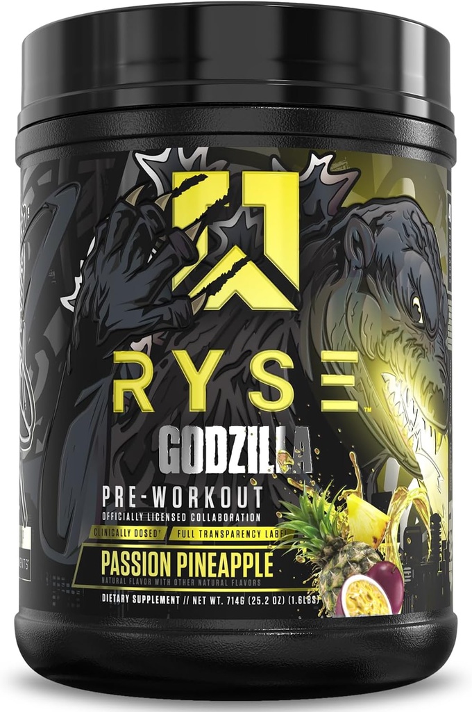 RYSE Godzilla X Noel Deyzel Pre Workout Powder - Passie Ananas - 400mg Cafeïne, High Stim Pre-workout voor mannen en vrouwen met Citrulline & Beta Alanine - Energie, Pump & Focus - 20/40 Servers