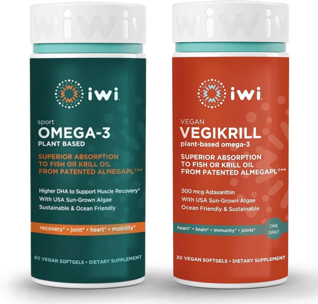 iwi Omega-3 Sport & Vegikrill Omega-3 Bundle, 30 Servings, Vegan Plant-Based Algae Omega 3 with EPA + DHA, Krill & Fish Oil Alternative, No Fishy Aftertaste