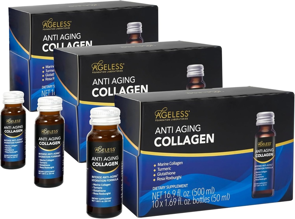 Ageless Ultra Anti Aging Liquid Collageen voor mannen & vrouwen, Marine Collageen, Turmeric, Glutathion, en Rosa Roxburghii, Multi Vitaminen, Huidverzorging, Hydrating & Revitalising Formula - 50 ml (30 telling)