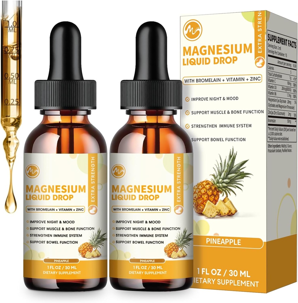 (2 Pack) M inch Magnesium Glycinate Liquid Drop, High Absorptie Liquid Magnesium Complex with Bromelain, VitaminC,D3,B6 & Zink, Threonate Supplement for Night, Mood, Muscle & Bone Support