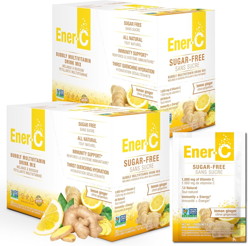 Ener-C Suikervrije Energie Citroen Gember Multivitamine Drink Mix Vitamine C 1000mg & Elektrolyten - Natuurlijke Immuniteit Ondersteuning met echte vruchtensap poeders - Niet-GMO Veganistisch & Glutenvrij - 60 Tel.