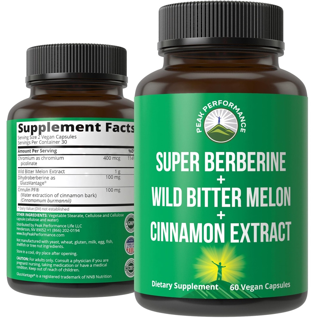 Ultra High Strength 4-In-1 Super Berberine Gepatenteerde GlucoVantage + Wild Bitter Meloen + Kaneel Extract + Chromium Picolinaat Vegan Capsules. Geweldig supplement voor ondersteuning na-maaltijd Spikes en energie