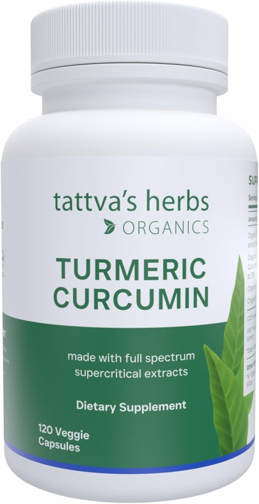 Tattva's kruiden Kurkuma Curcumin 500 mg, kruidensupplement voor antioxidant ondersteuning, Kurkuma met zwarte peper voor geavanceerde absorptie, 1 verpakking, 120 Veggie Capsules