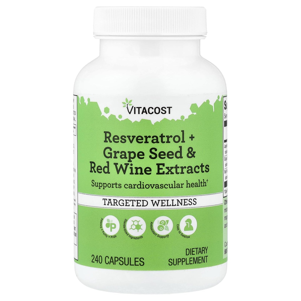 Vitacost Resveratrol + druivenzaad en rode wijnextracten -- 240 capsules