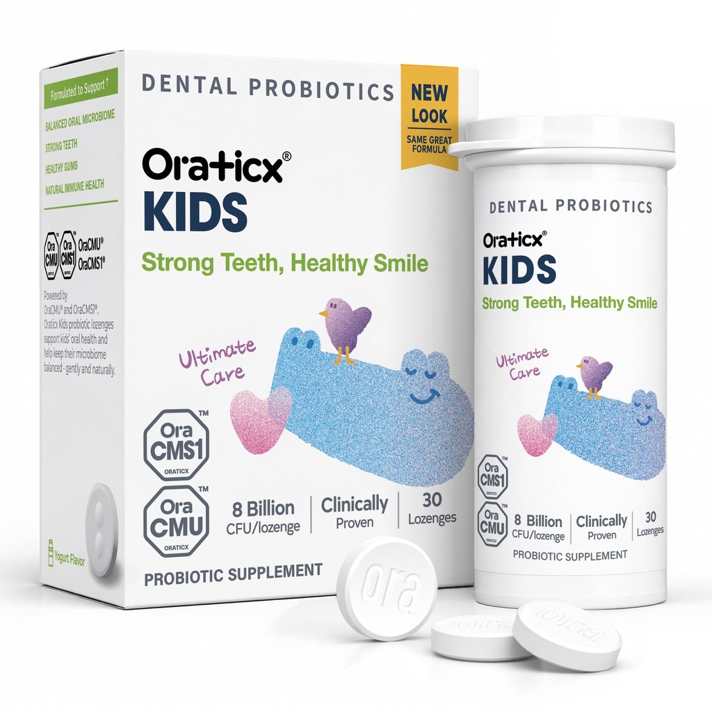 OraTicx Kids Tandheelkundige Probiotica voor Anti-Cavity + gezonde tanden en Gums, 8 miljard CFU Probiotica voor Orale Gezondheid, Yogurt smaak 1-PK
