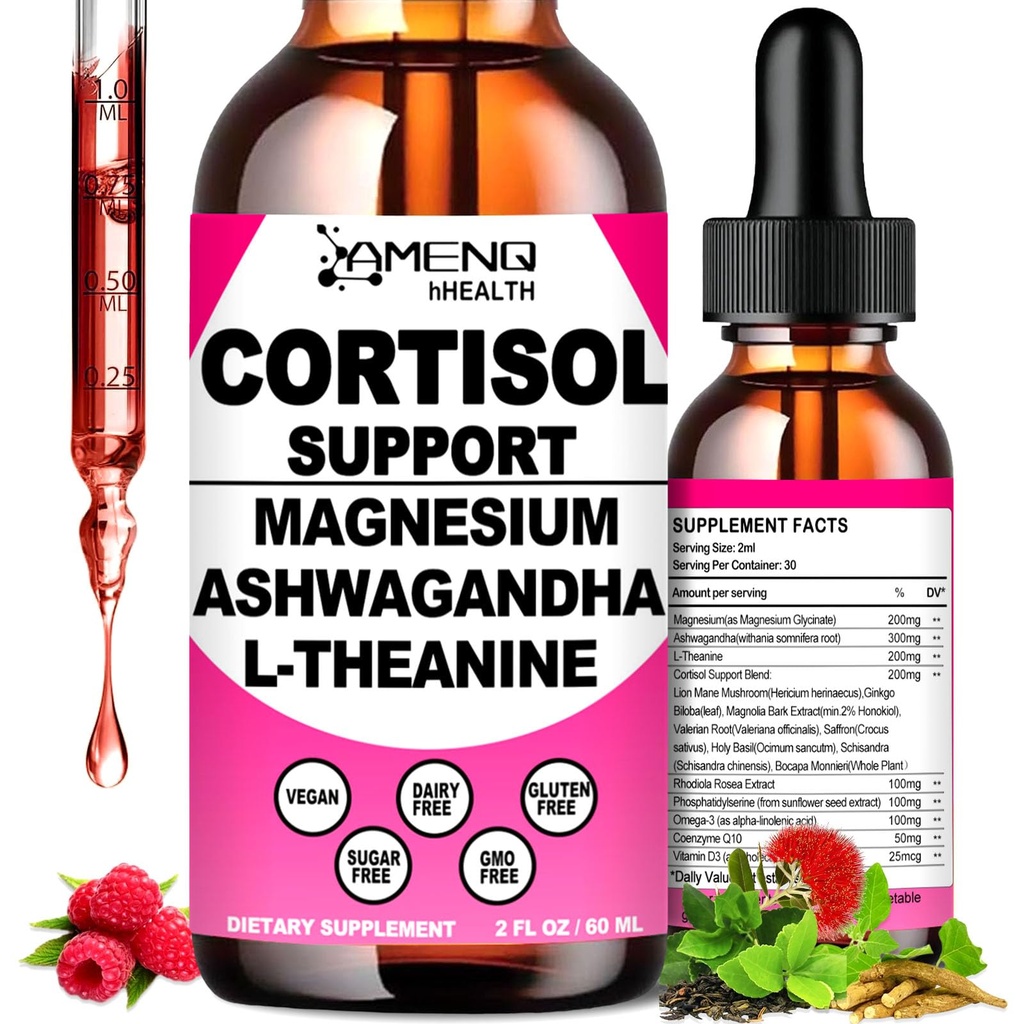 Cortisol Supplement Liquid Drops, 17-in-1 Cortisol Reducer w. Ksm-66 Ashwagandha Theanine Rhodiola Rosea Magnesium Fosfatidylserine, Hormone Balanced & Lower Cortisol for Women Calm* Relaxation
