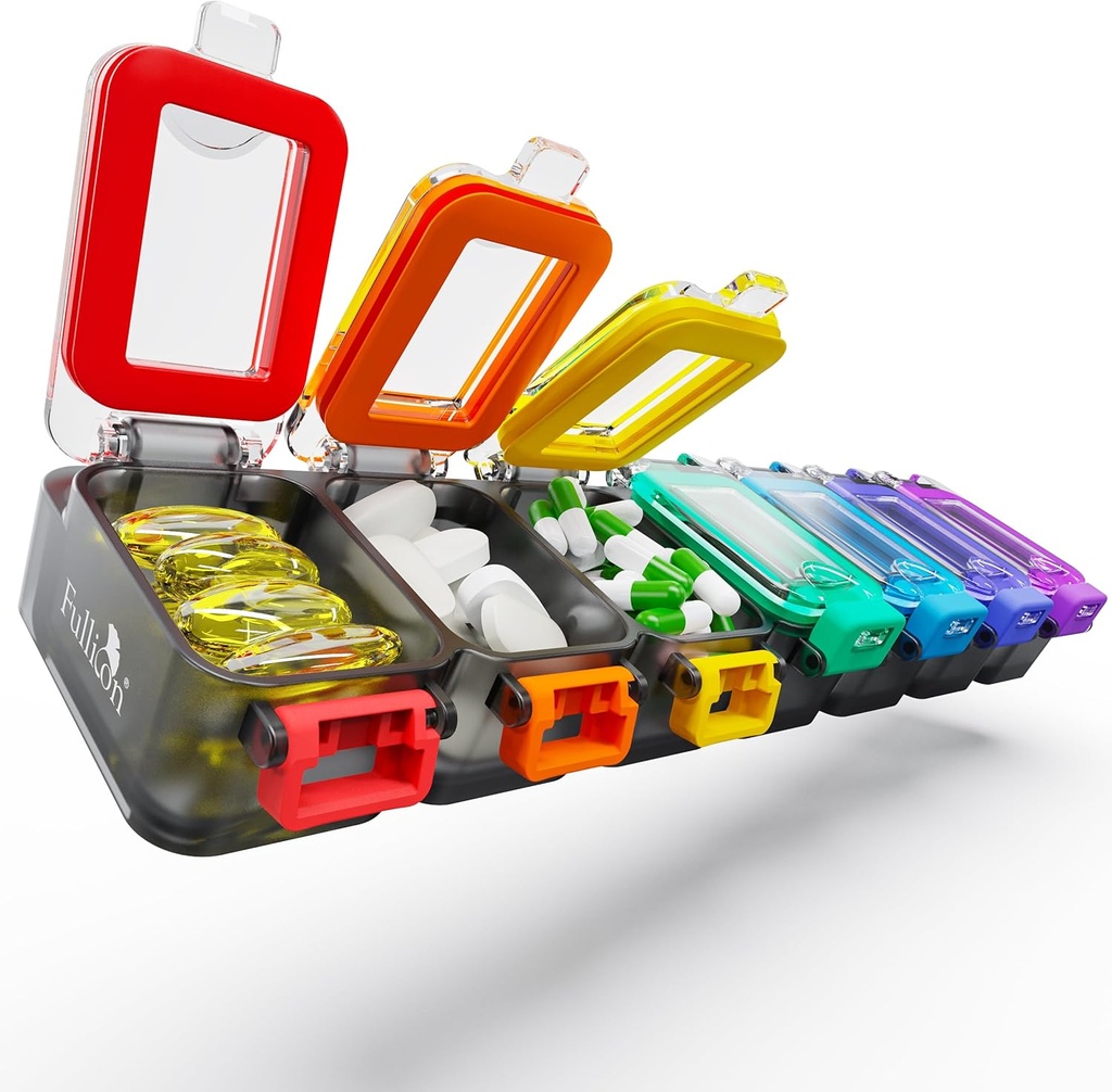 Fullicon Weekly Pillen Organisator 7 dagen Ultra Vocht en Spill Proof Dagelijkse Pillendoos, Grote Geneeskunde Case met Veilige Gesp, Compacte Reis Pillen Container voor pil, Vitamine, & Visolie (Rainbow Black)