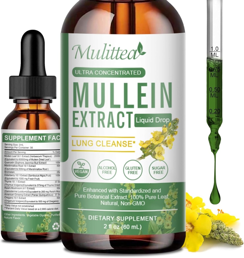 Mullein druppels voor de longen en lymfatische afwatering - Lung Cleanse & Detox- Vegan Mullein Leaf Extract Ondersteuning Immune, Respiratory Digestief -9 Potent Herbal Supplement to Renew -As Liquid