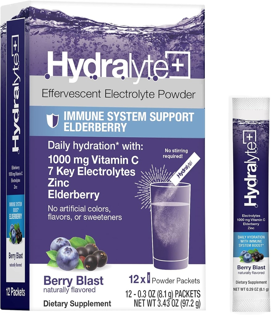 Hydralyte Electrolytes Plus Immunity, Vlierbessen - Low Sugar Rapid Rehydration Powder - Licht Sparkling Electrolyte Powder Packets with 1.000mg Vitamine C and 300 mg Elderberry (8oz Serve, 12 Tel)