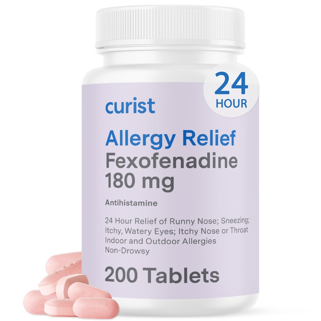 Curist Fexofenadine Hydrochloroide 180mg (200 tabletten) Non Drowsy Allergie Medicatie - 24 uur Allergie Relief for Runny Nose, Itchy Eyes, & Throat - Allergie Relief Tablets (200 telling)