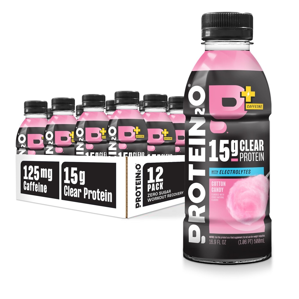 Proteïne2o 15g Wei Proteïne Isolaat Hydratatie Drink Plus Energie & Focus, 350mg Elektrolyten, Vitaminen B5 & B6, Suikervrij, Katoen Candy, 16,9 oz Flesje (verpakking van 12)