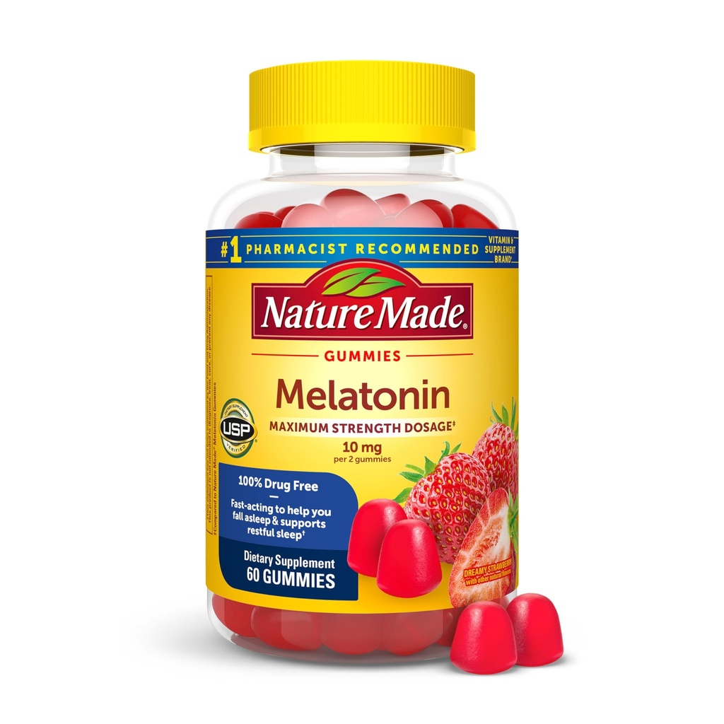 Nature Made Melatonin 10mg per serving Gummies, Maximum Strength Dosage, 100% Drug Free Sleep Aid for Adults, 60 Melatonin Gummies, 30 Day Supply