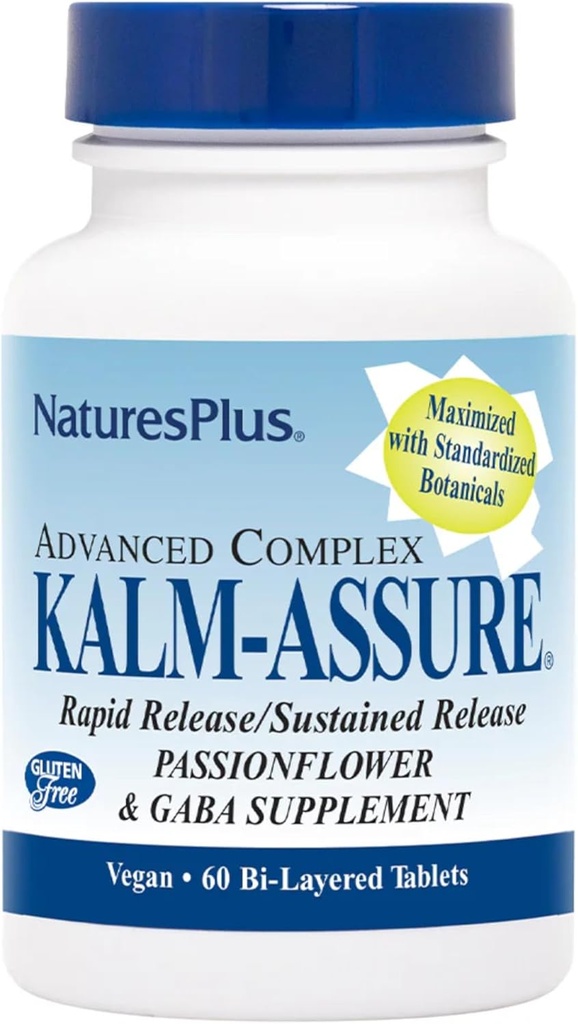 Natures Plus Kalm-Assure - 60 bi-gelaagde tabletten - Ondersteunt ontspanning met passiebloem, GABA, kamille & Magnesium - Glutenvrij & Veganistisch - 60 porties