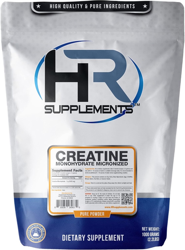 HR Supplementen Creatine Monohydraat Gemicroniseerd Poeder, 1 Kilogram (2,2 Lbs)