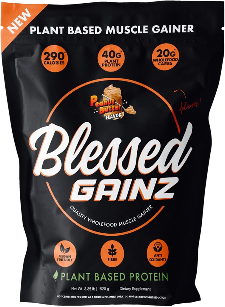 BLESSED Gainz Vegan Protein Powder Mass Gainer - 40g Plant Based Protein Powder - Maaltijd Vervangingsshake met Pea Protein Powder - Vegan Protein Shake - 40 Servers (Peanut Butter)