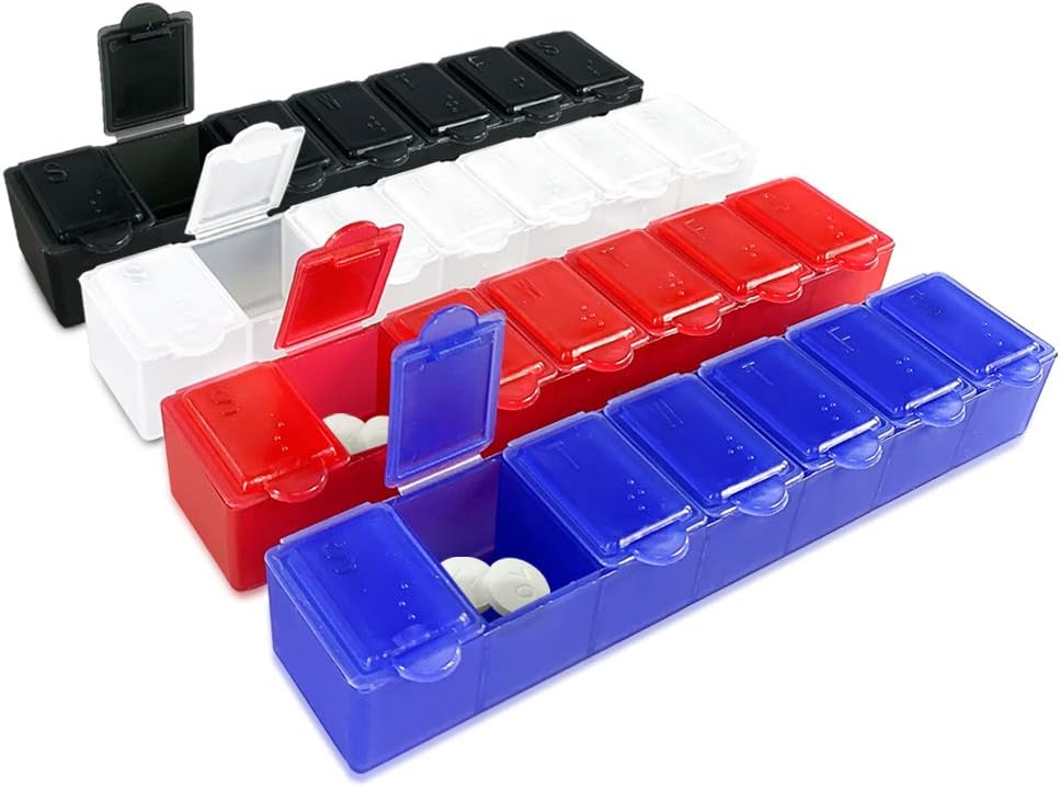 USA Merchant - 7 dagen kleine pillendoos met snap sluiten deksels - Weekly pil Organizer 4 keer per dag of 28 dagen Dispenser - Wordt geleverd met 4 aparte 7 dagen pil containers voor vitaminen, supplementen, en geneeskunde