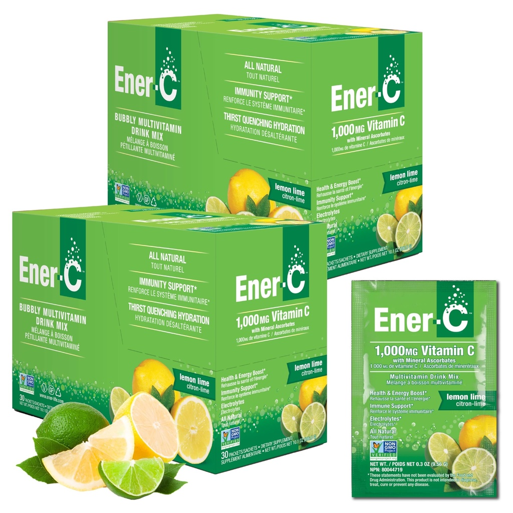 Ener-C Multivitamin Drink Mix - Vitamin Packets for Water, Electrolytes Powder Packets, Vitamin Drink Mix, Hydration Liquid Mix, Immune Booster for Adults, Healthy Energy - Lemon Lime, 60 Count