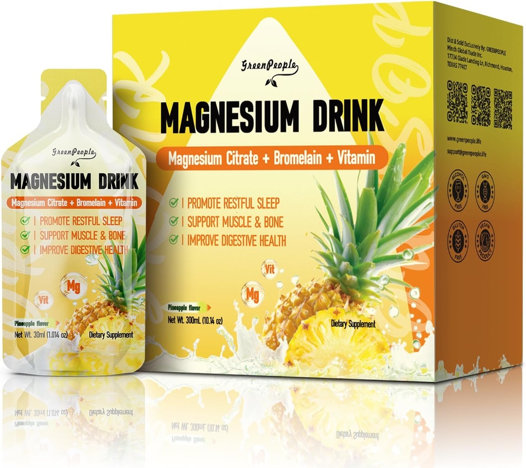 GROENPEOPLE 7-in-1 Magnesium Citroen Vloeistof, Magnesium Citroen Supplementen Drink met 280mg Magnesium, Zink, Bromelaine, Vitamine C D3 B6, Spier & Slaapondersteuning voor kinderen & volwassenen, 1 fl.Oz (10S)