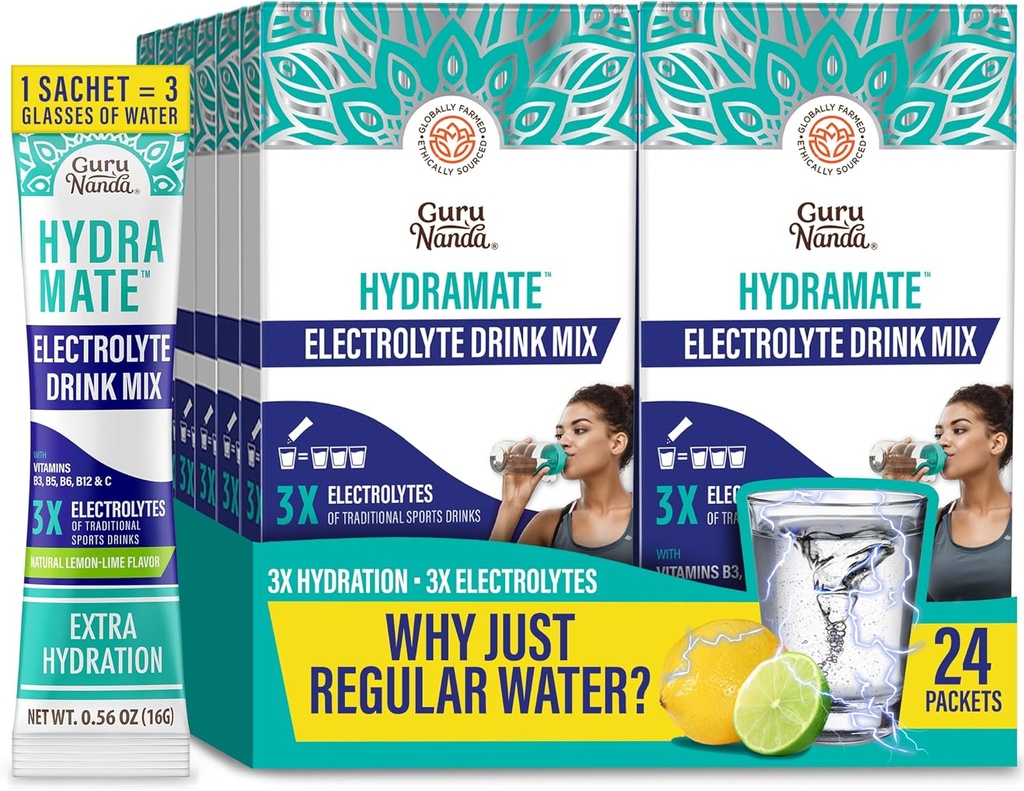 GuruNanda Hydramate Hydramaat Hydratation Support Drink Mix - Electrolyte Powder Packets for Dehydratation, Oefening & Energy - No Added Sweeteners, Non-GMO, Natural Lemon Lime Flavor - 24 Telling (0,56 oz Each)