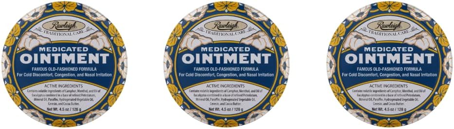 Rawleigh Gemedicineerde Zalf: 4.5 oz Blauw Tin, Topische borst Rub voor koude, neuscongestie, lichte pijn en pijn, met kamfer, Menthol & Eucalyptus, Niet-Greasy Formule - Pack van 3