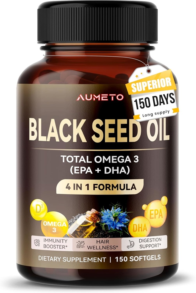 Organic Black Seed Oil - 150 Softgel - 100% Cold Pressed Source of Omega 3 (EPA + DPA) - Skin, Hair, Immune Support (150 Count (Pack of 1))