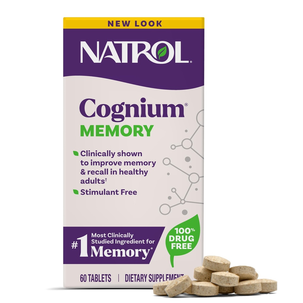 Natrol Cognium Geheugen, Hersengezondheid Supplementen voor volwassenen, Dieetsupplement voor Brain Health en klinisch weergegeven om geheugen te verbeteren en terug te roepen bij gezonde volwassenen, 60 tabletten, tot een 30 dagen levering