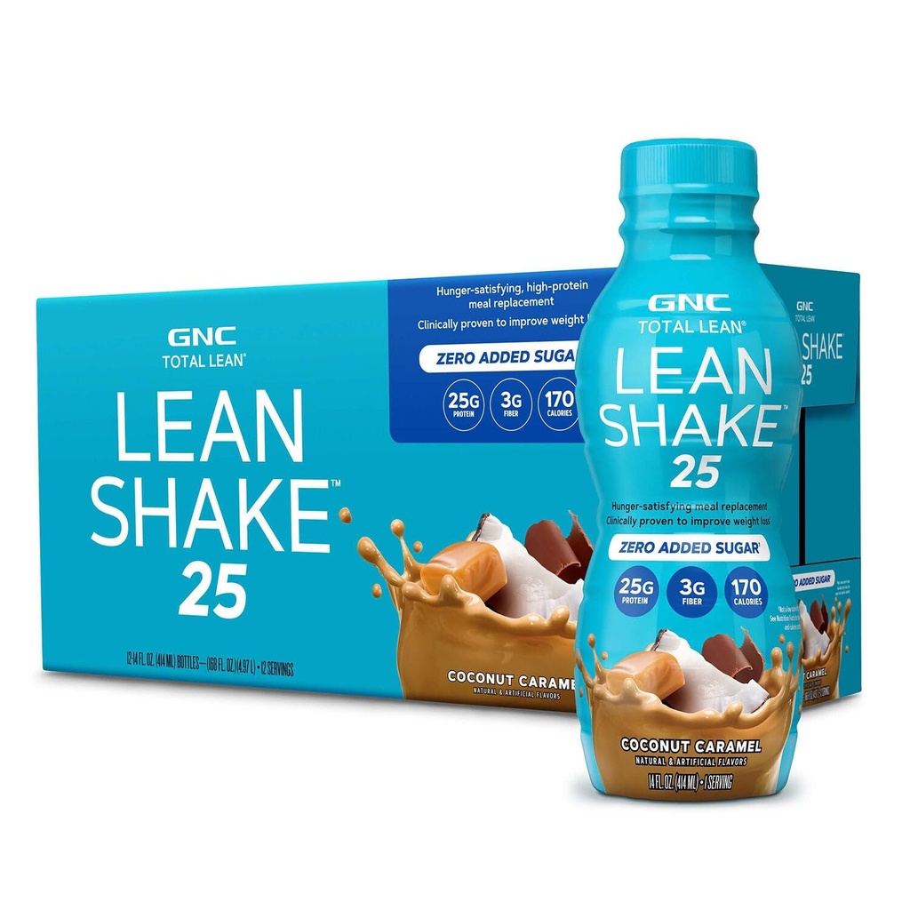 GNC Lean Shake 25 proteïneshake, klinisch bewezen gewichtsmanagement, Maaltijdvervanging, 25g eiwit met nul toegevoegde suiker, klaar om te drinken, kokoskaramel, verpakking van 12