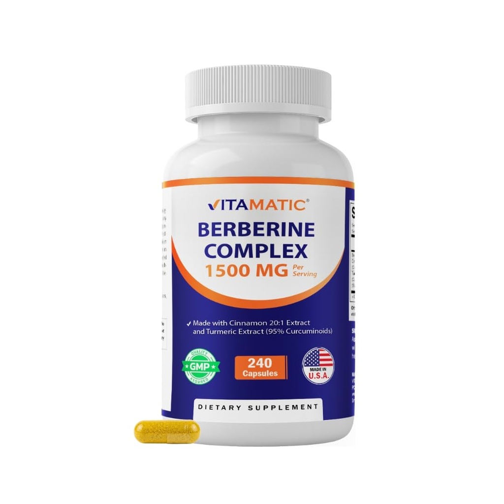 Vitamatic Berberine met Ceylon Cinnamon, 1500mg, 240 Vegetarische Capsules, Non-GMO, Glutenvrij