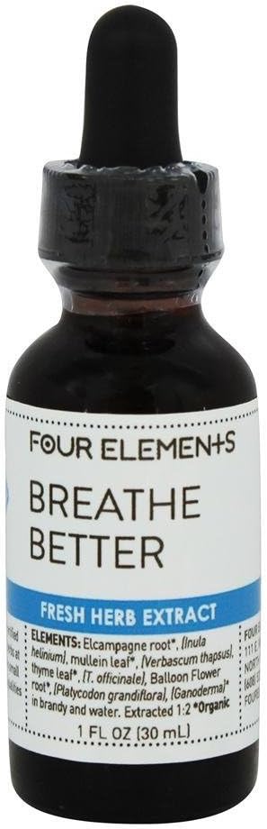Four Elements 4E Breathe Herbal Tinctuur 100% Gecertificeerd Organisch Vers Kruidenextract, 1 FL Oz