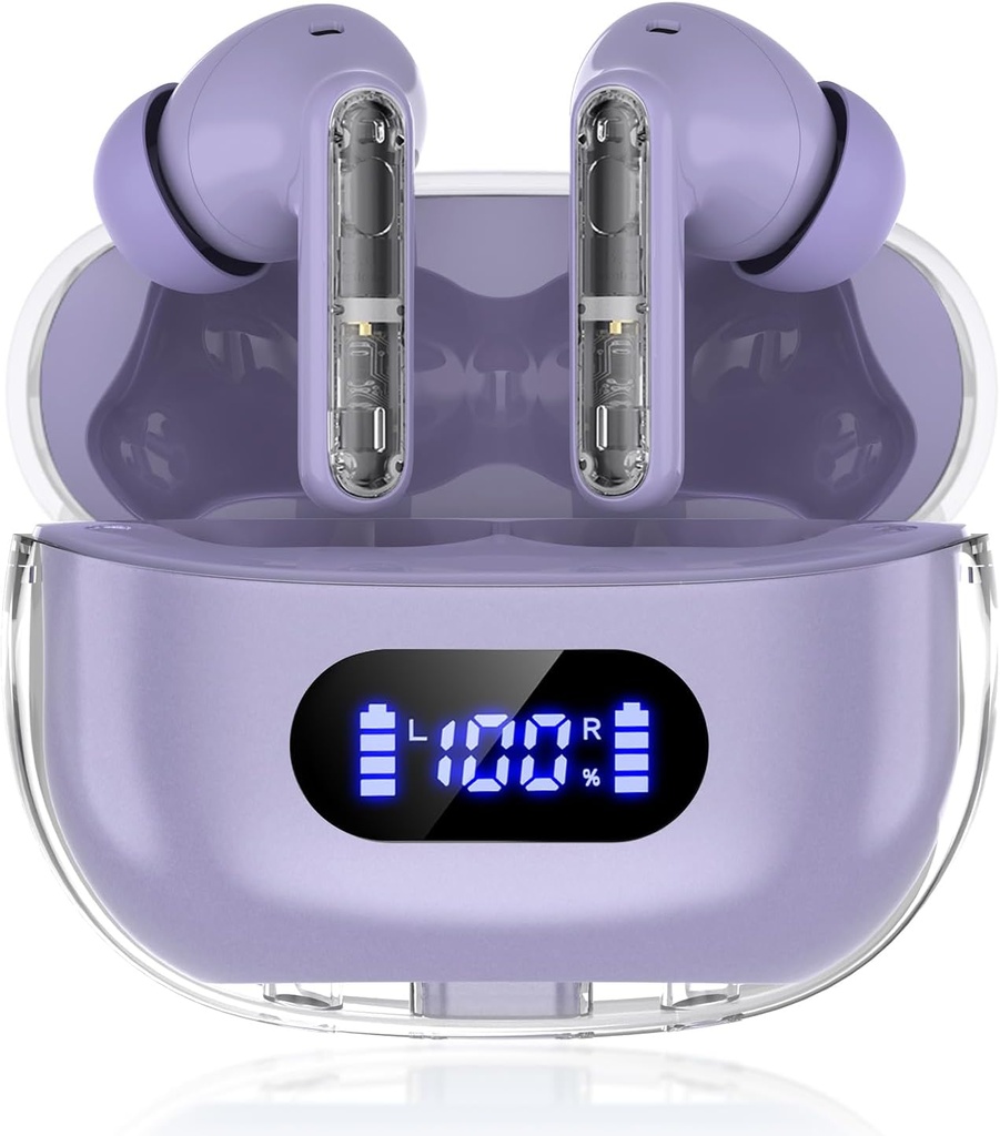 Paarse draadloze oordopjes P1 PRO, oortelefoons Draadloze Bluetooth hoofdtelefoons met duidelijke oproep Mics oor Buds, Comfortabele Fit, IPX7 waterdichte lange batterij levensduur, 30H Playtime voor sporttraining