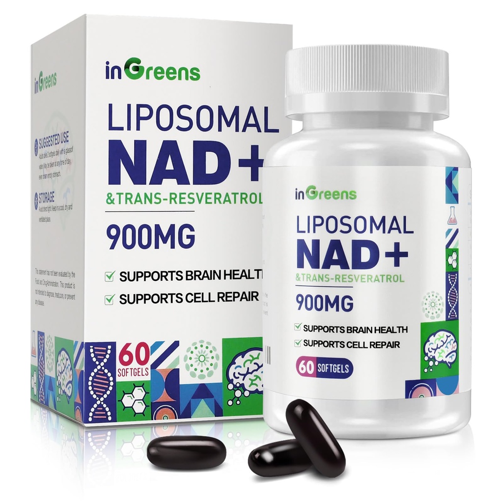 900 mg Liposomale NAD+ Supplement met Trans Resveratrol 300 mg, Vervangt NMN, Superior Absorptie, True NAD Plus Supplement voor DNA Reparatie en Boost NAD+, Veroudering Verdediging, Energie, Duurzaamheid, 60 Softgels