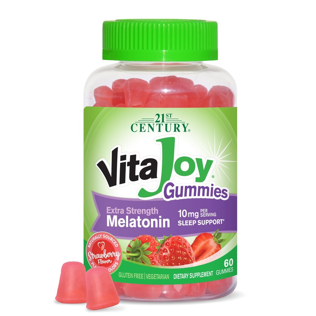 21st Century Healthcare VitaJoy Extra Strength Melatonine 10 mg Gummies, Aardbei, 60 Telling, Rood, 0,43 pond, (pakket van 1)