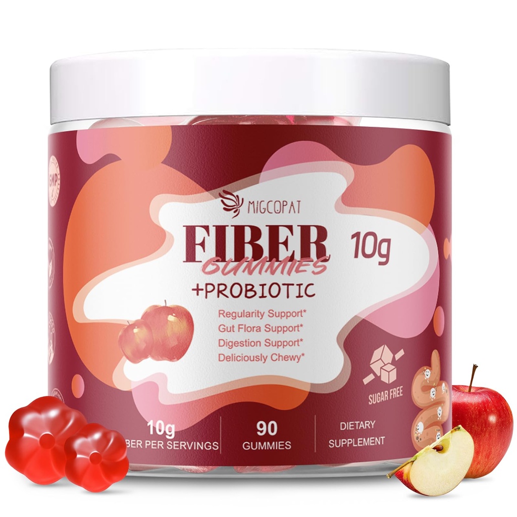 Vezel Gummies met Probiotica,10G Fiber per Serving No Sugar Toegevoegd Apple Flavor, met 10 miljard CFU Probiotica Blend, Apple Cider Vinegar, Vitamine C, Inulin, Bloating Support 90 Tellen