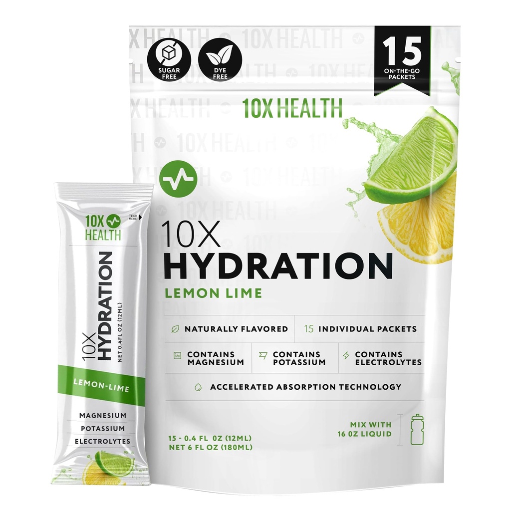 10X Health Hydration Packets Lemon Lime Electrolyte Drink Mix Liquid 15 Stickpacks met magnesium citraat, natrium en kalium - Natural Flavored Electrolyte