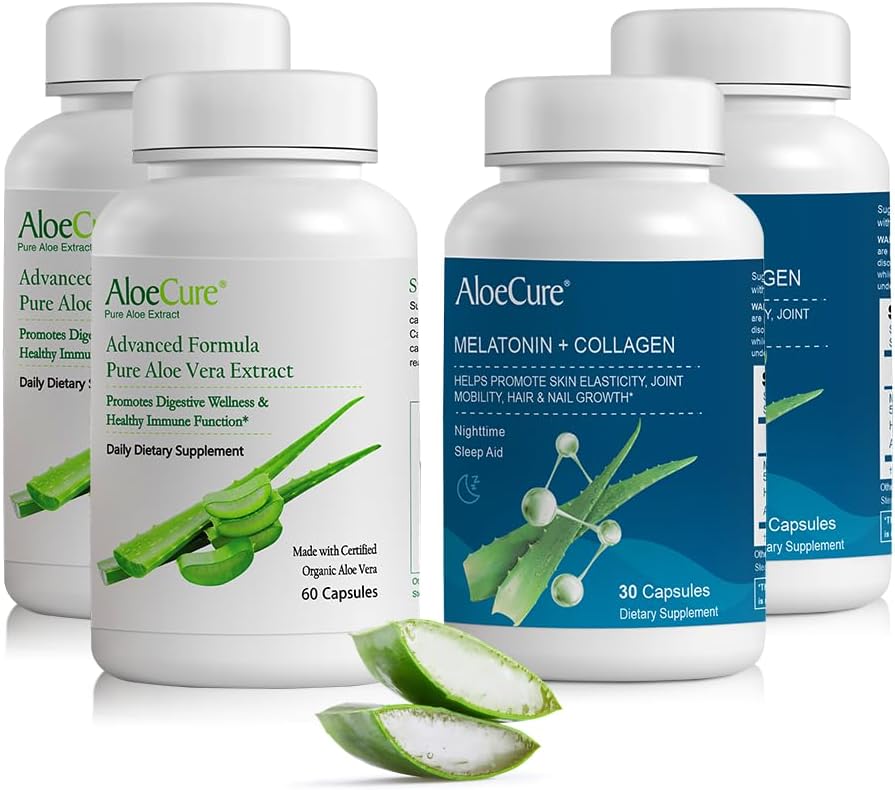 AloëCure Biologische Aloë Vera Capsules Pack - 4 stuks - 2 x Melatonine + Collageen, 2 x Aloë Vera Capsules