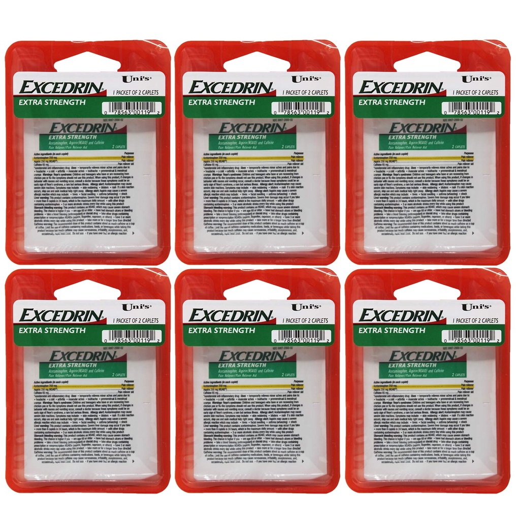 Uni's Excedrin Extra Sterkte 6 Tel Single Dose Relief 2 caplets in elke Packet. Helpt Verlicht hoofdpijn, tandpijn, rugpijn, menstruele krampen, gewone koude en spierpijn.