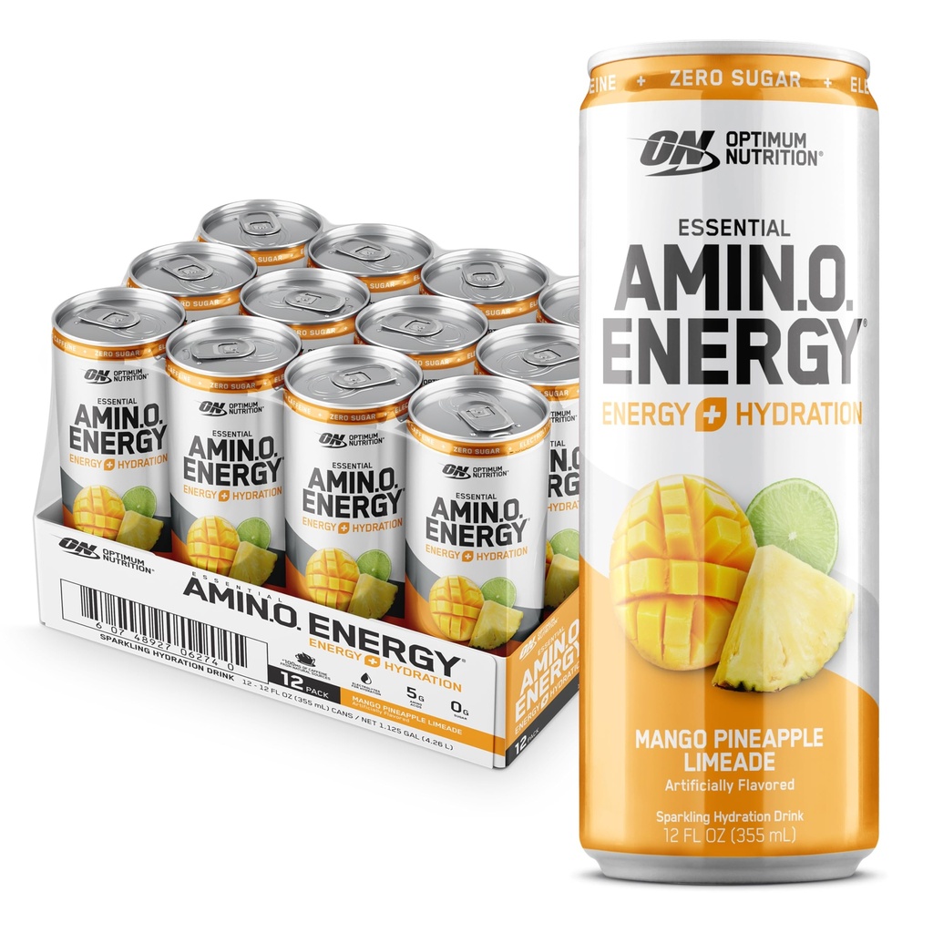 Optimale voeding Amino Energie Sparkling Hydration Drink, Elektrolyten, Cafeïne, Aminozuren, BCAA's, Suikervrij, Mango Ananas Limeade, 12 Fl Oz, 12 Pack (Verpakking mei Vary)